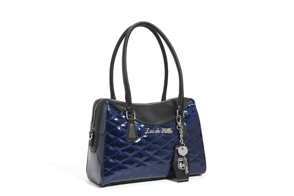 Black and Royal Blue Sparkle Route 66 Tote front