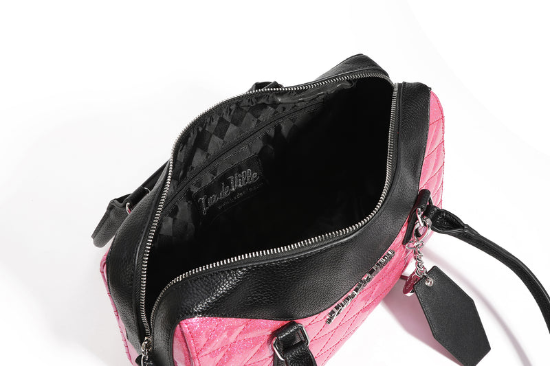 Black and Winkle Pink Sparkle Route 66 Tote zipper