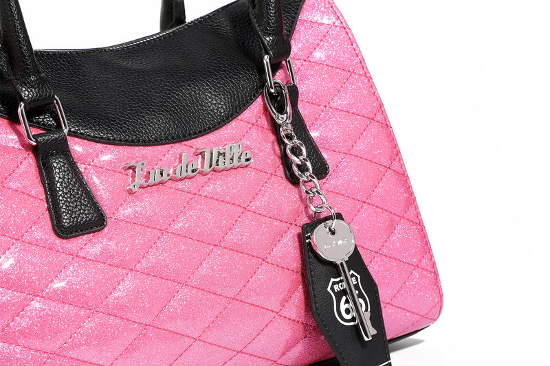 Black and Winkle Pink Sparkle Route 66 Tote detail