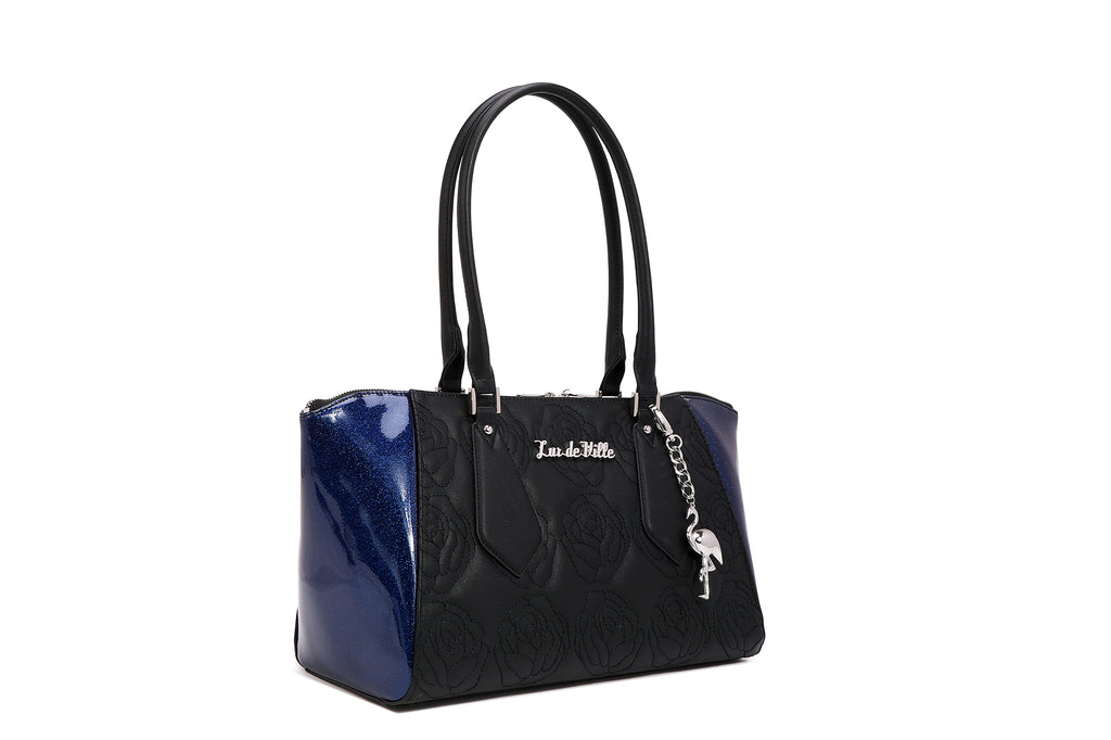 Black with royal blue sparkle safari tote - front