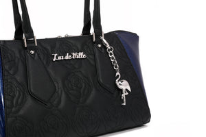 Black with royal blue sparkle safari tote - close up