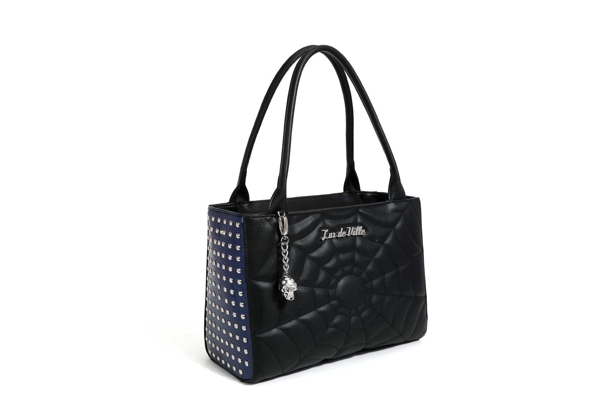 【Entre Reves】THE FANTASTIC WILD TOTE BLACK LARGE Black Matte with Royal Blue Sparkle Spider Web Medium Tote