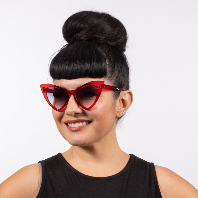 Victorian Sunglasses Red Crystal Black with Leopard Tip frame with cat-eye shape. Featuring UV400 protection, the Lux de Ville logo on the inside of the arm and all come with dark lenses.