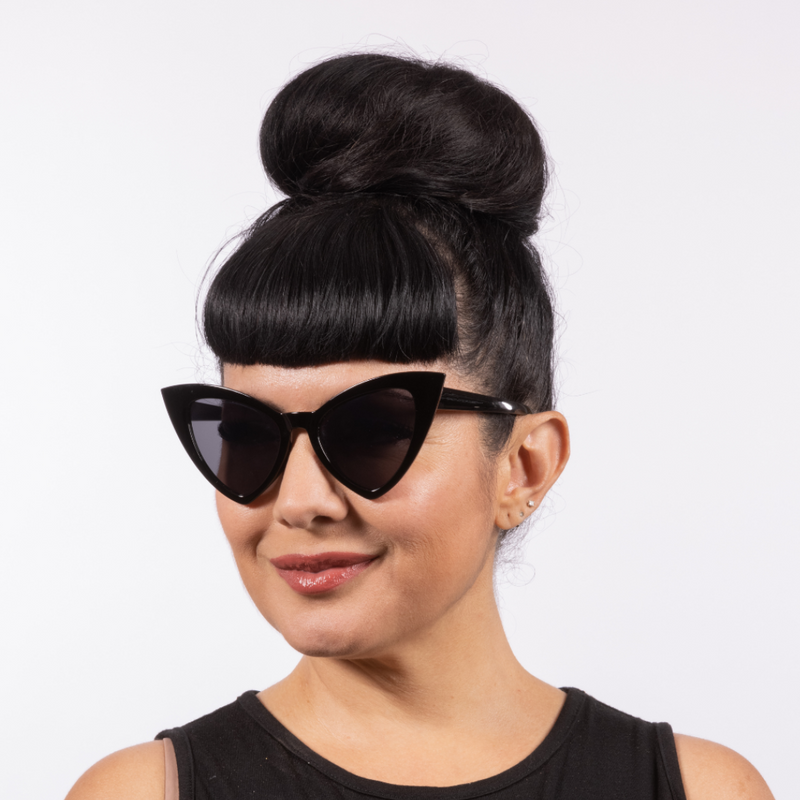 Victorian Sunglasses Retro Gothic black gloss frame with cat-eye shape. Featuring UV400 protection, the Lux de Ville logo on the inside of the arm and all come with dark lenses.