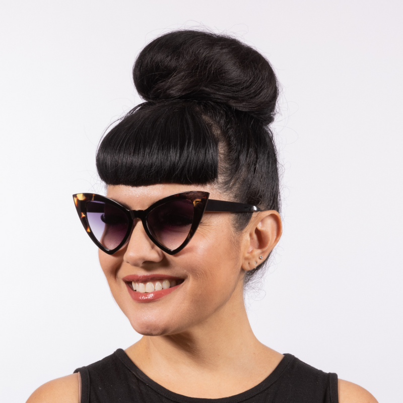 Victorian Sunglasses Retro Gothic Black with Leopard Tip frame with cat-eye shape. Featuring UV400 protection, the Lux de Ville logo on the inside of the arm and all come with dark lenses.