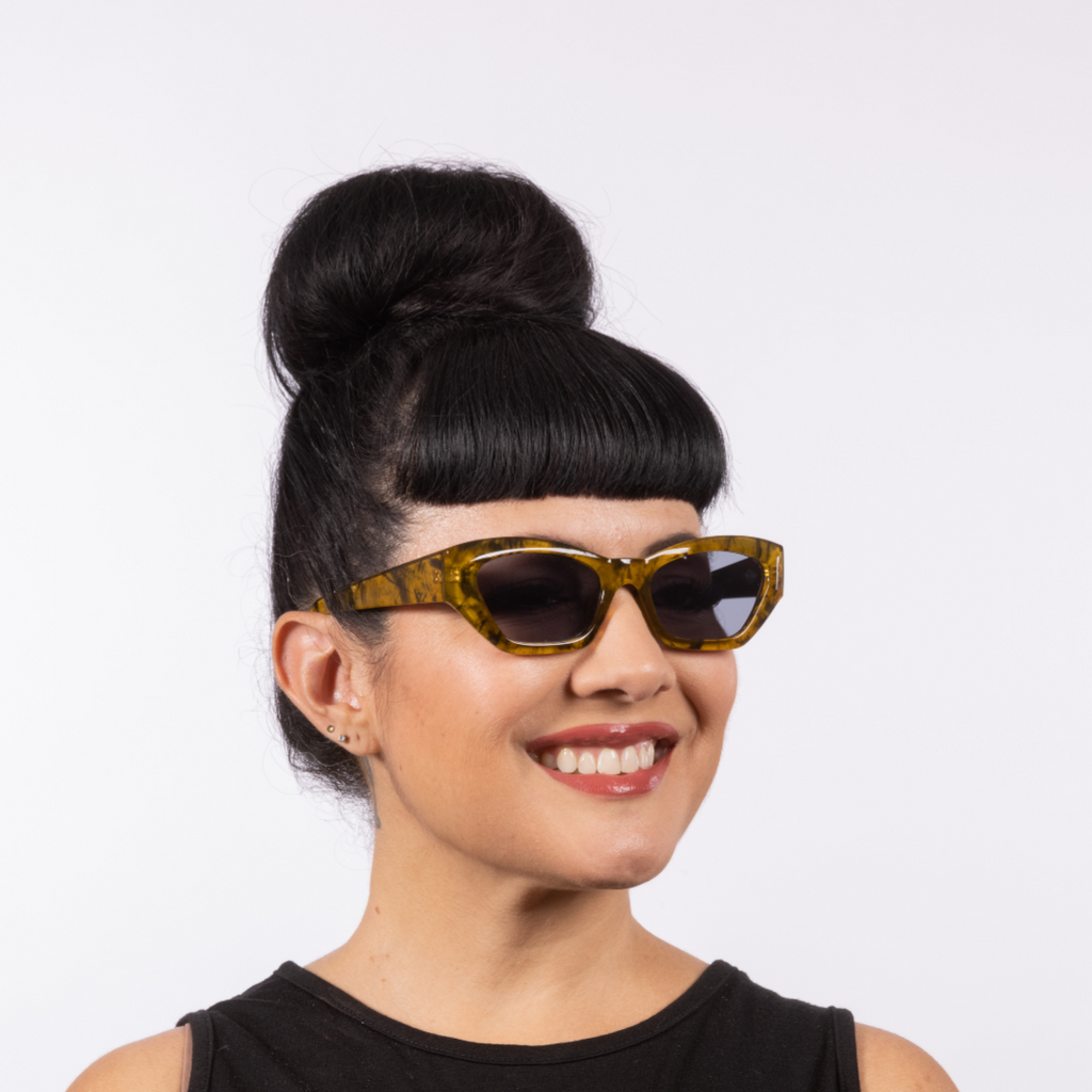 Simone Moss Tortoise Sunglasses with injection frames come with UV400 protection, our Lux de Ville logo on the inside arm and all come with dark lenses.
