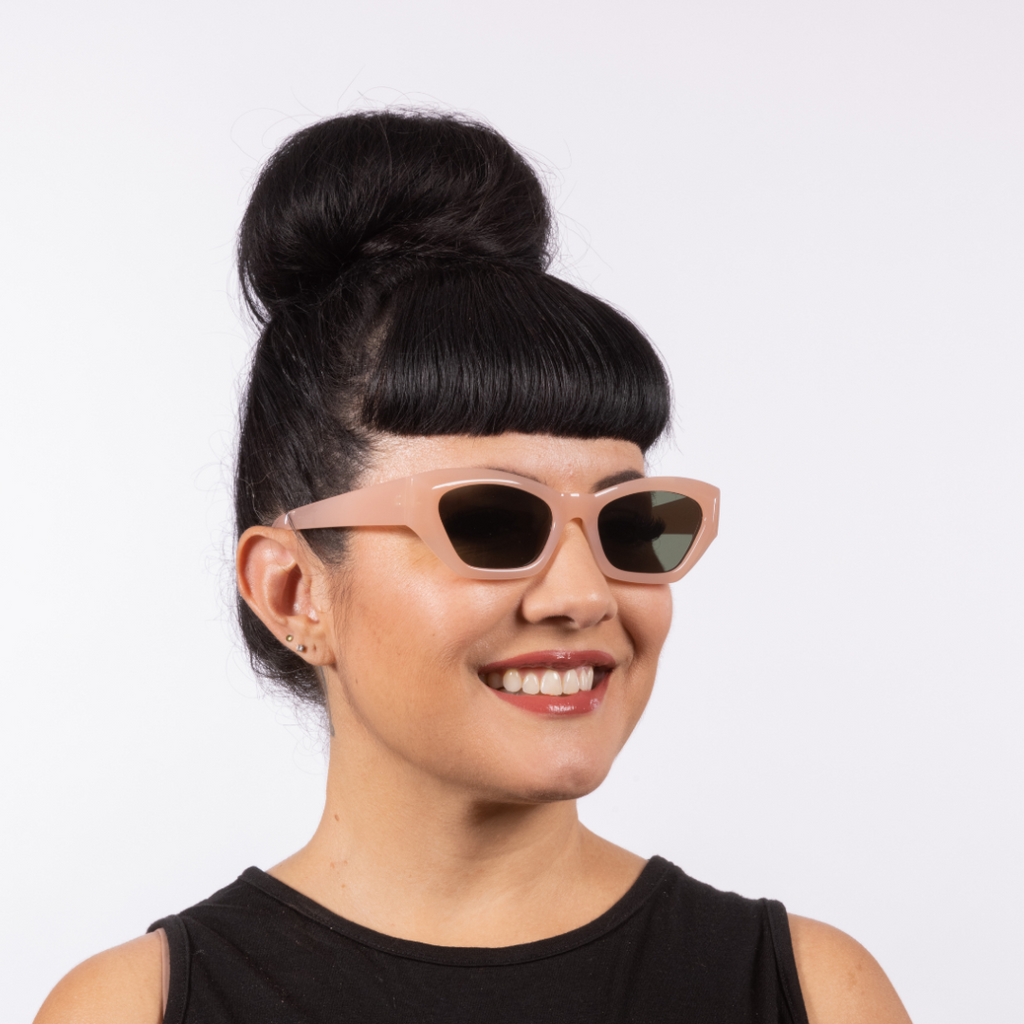 Simone Blush Gloss Sunglasses with injection frames come with UV400 protection, our Lux de Ville logo on the inside arm and all come with dark lenses.