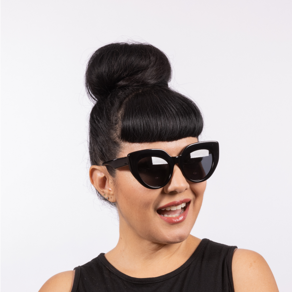 Dahlia Sunglasses - Black Acetate Frame - Oversized cat-eye is just delicious. Features the Lux de Ville logo on the inside of the arm and dark lenses.