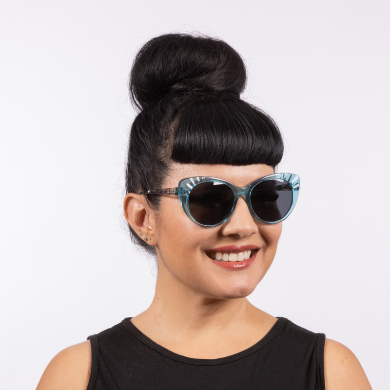 Lulu Sunglasses - Teal Crystal - A classic cat-eye frame. These beautiful acetate glasses have retro detail on the temple, the Lux de Ville logo on the inside of the arm