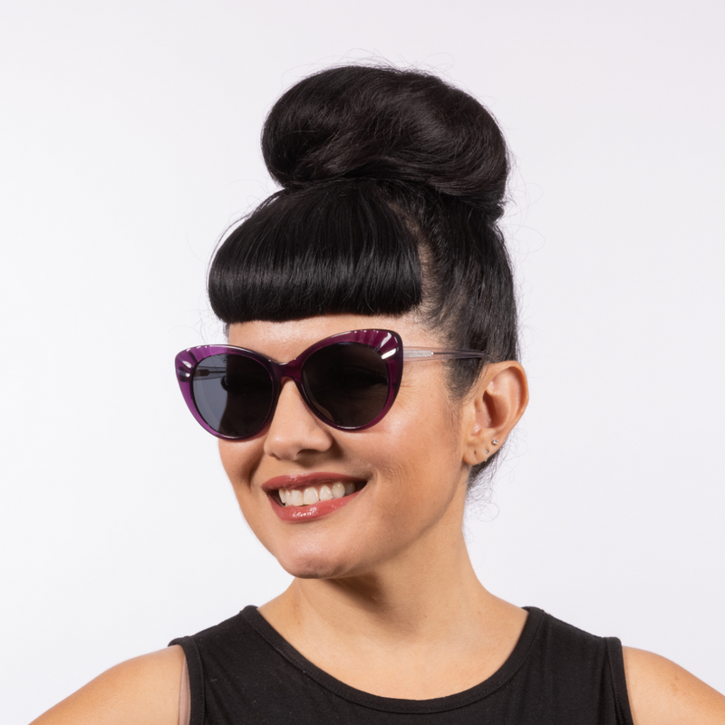 Lulu Sunglasses - Purple Crystal - A classic cat-eye frame. These beautiful acetate glasses have retro detail on the temple, the Lux de Ville logo on the inside of the arm