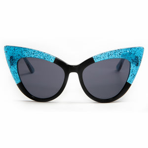 Queen Bee Sunglasses Black and Villain Blue Sparkle