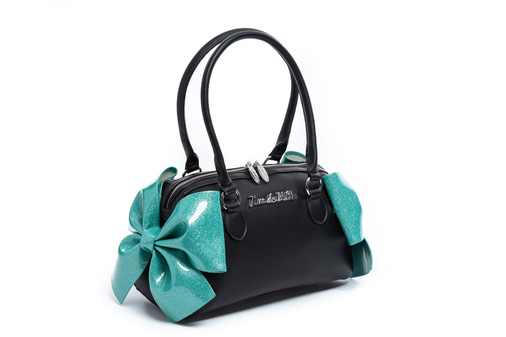 Mermaid Blue Sparkle & Black Double Bow Tote