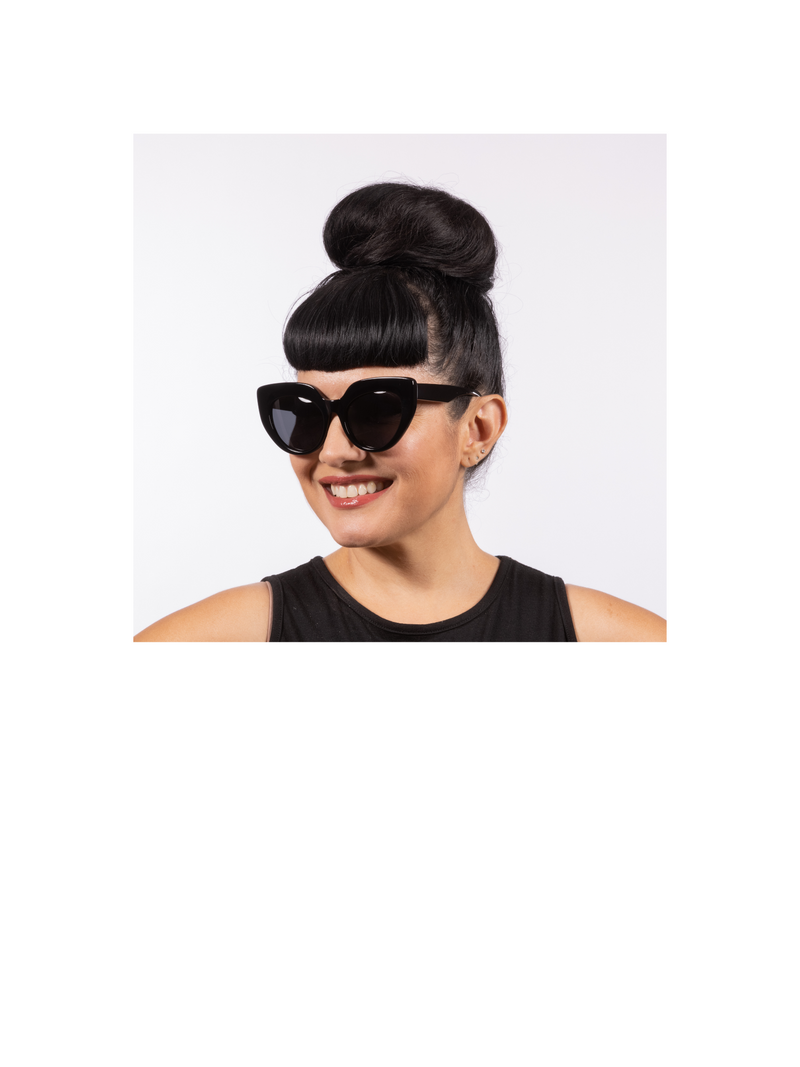 Dahlia Sunglasses - Black Acetate Frame - Oversized cat-eye is just delicious. Features the Lux de Ville logo on the inside of the arm and dark lenses.