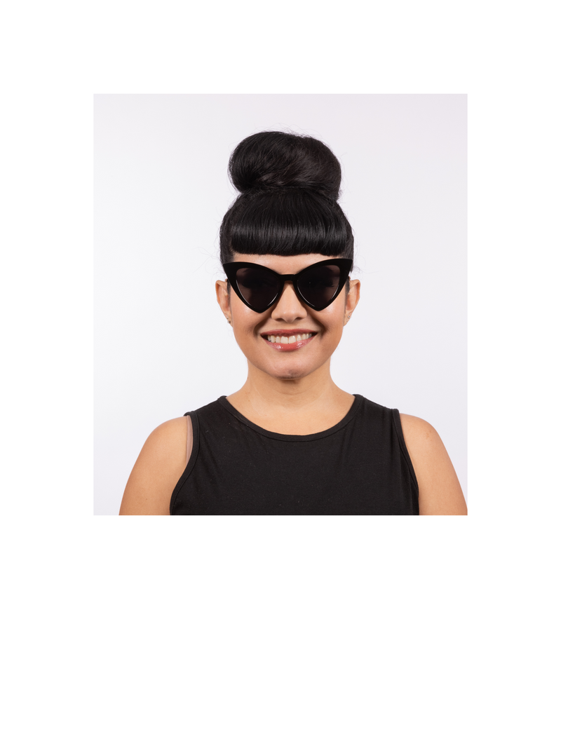 Victorian Sunglasses Retro Gothic black gloss frame with cat-eye shape. Featuring UV400 protection, the Lux de Ville logo on the inside of the arm and all come with dark lenses. 