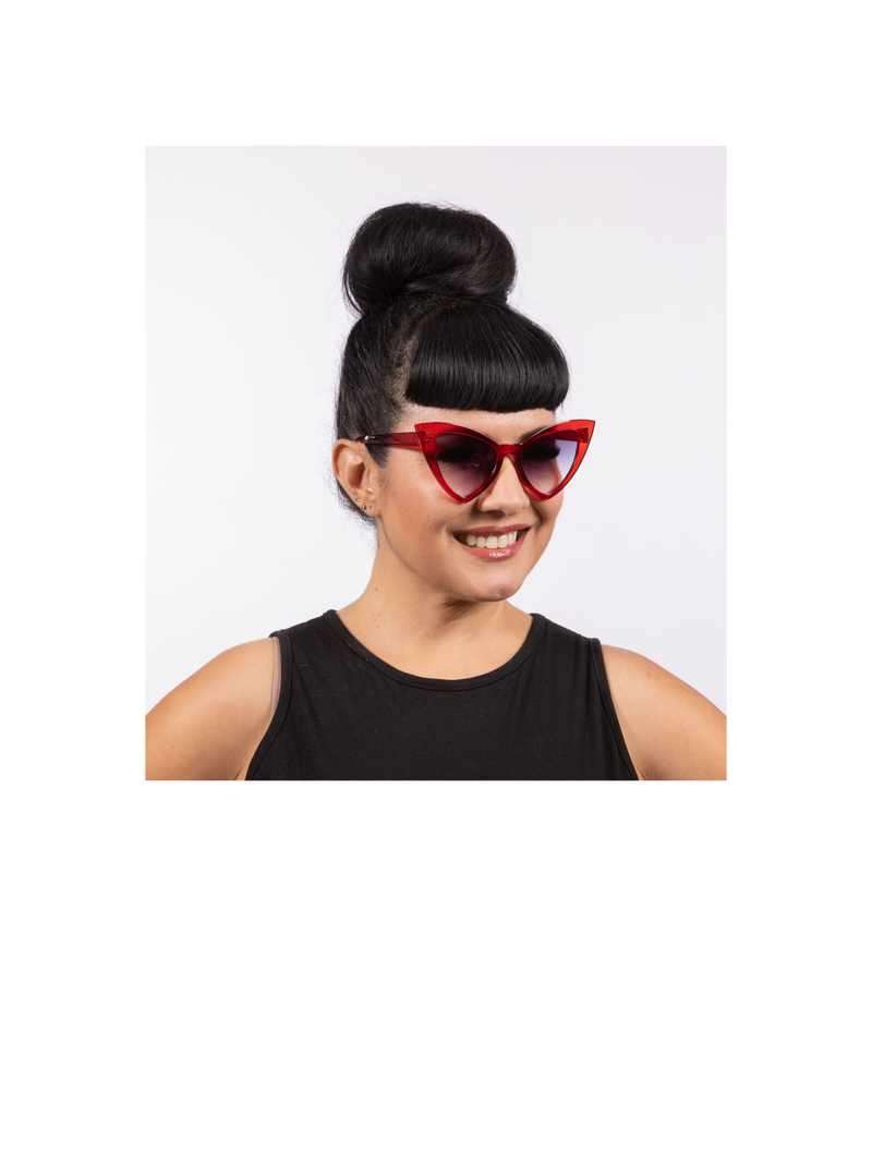 Victorian Sunglasses Retro Gothic Red Crystal frame with cat-eye shape. Featuring UV400 protection, the Lux de Ville logo on the inside of the arm and all come with dark lenses.