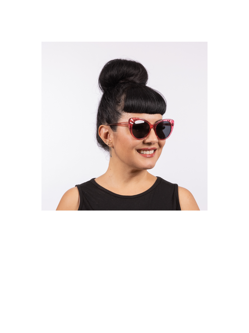 Lulu Sunglasses - Rose Crystal - Our fabulous Lulu sunglasses are a classic cat-eye frame. These beautiful acetate glasses have retro detail on the temple, the Lux de Ville logo on the inside of the arm