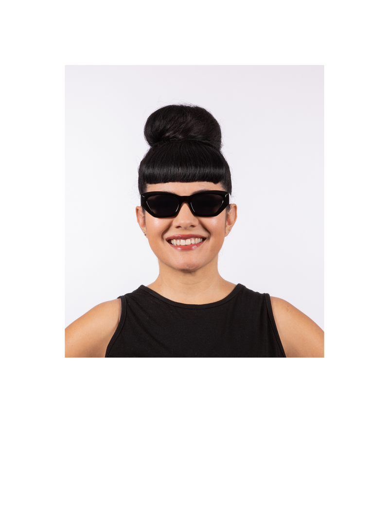 Simone Black Gloss Sunglasses with injection frames come with UV400 protection, our Lux de Ville logo on the inside arm and all come with dark lenses.