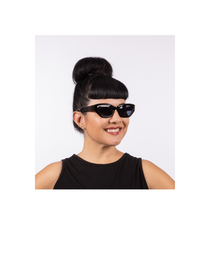 Simone Black Gloss Sunglasses with injection frames come with UV400 protection, our Lux de Ville logo on the inside arm and all come with dark lenses.
