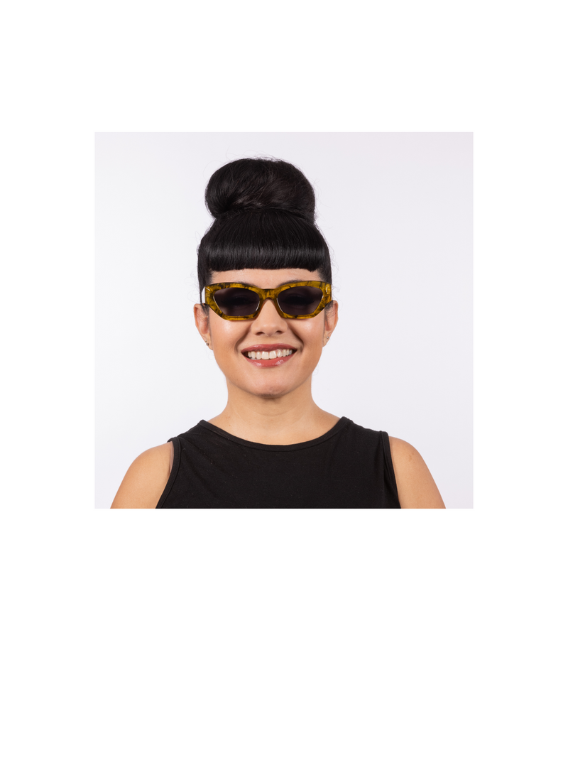 Simone Moss Tortoise Sunglasses with injection frames come with UV400 protection, our Lux de Ville logo on the inside arm and all come with dark lenses.