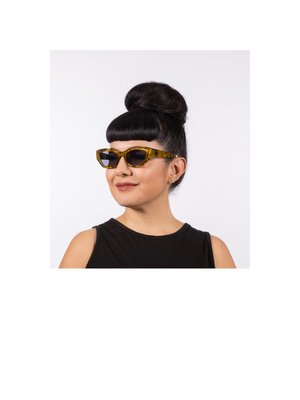 Simone Moss Tortoise Sunglasses with injection frames come with UV400 protection, our Lux de Ville logo on the inside arm and all come with dark lenses.